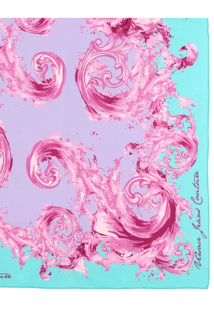Versace jeans couture women’s foulard silk scarf in vibrant pink and lavender with swirling baroque pattern and light blue border