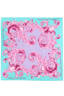 Versace jeans couture women’s foulard featuring a vibrant pink and turquoise silk baroque pattern with signature edges