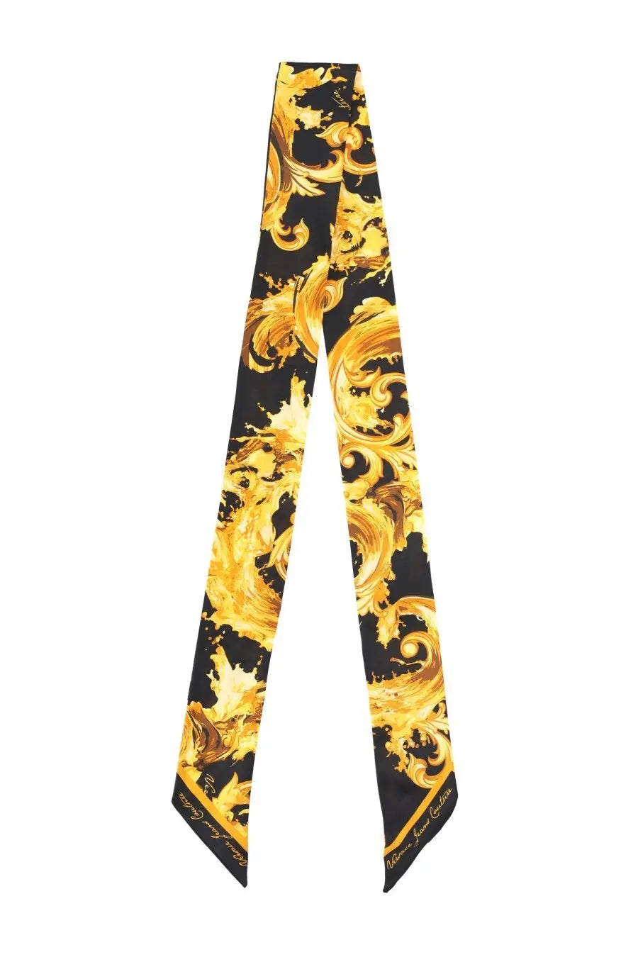 Versace jeans couture women’s foulard in seta black featuring luxurious black silk with intricate golden baroque patterns