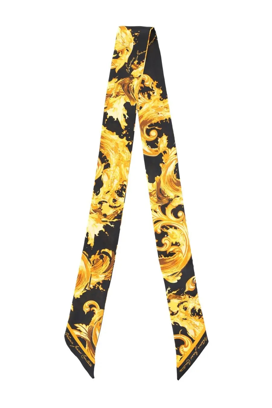 A luxurious black silk foulard with intricate golden baroque patterns branded at the ends by Versace Jeans Couture