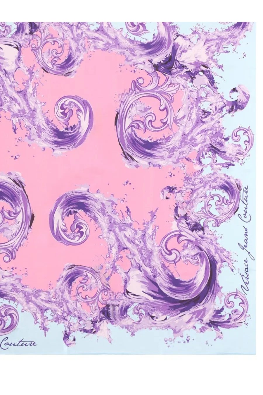 Versace Jeans Couture women’s foulard in seta purple silk with pink and purple swirl pattern and light blue border featuring logo