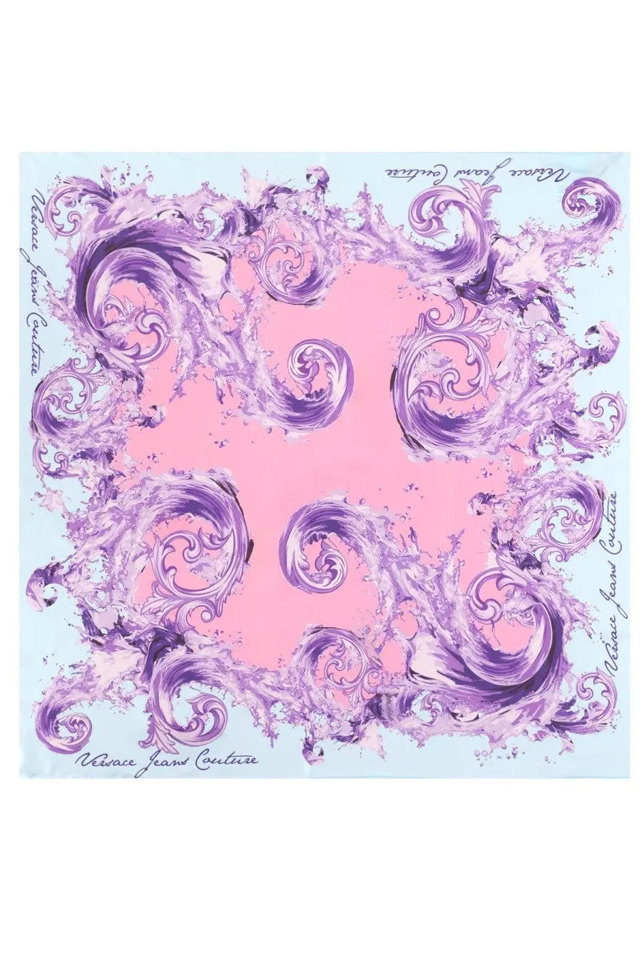 Versace jeans couture women’s foulard in seta purple with pink and purple swirling silk pattern