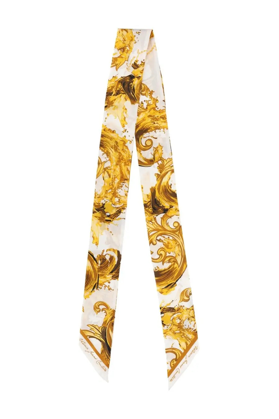 Versace Jeans Couture women’s white silk foulard with intricate gold and brown baroque patterns and elegant edge detailing