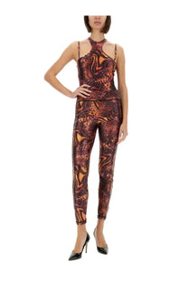 Versace jeans couture women’s form-fitting jumpsuit with high neck and orange dark brown snake-scale print