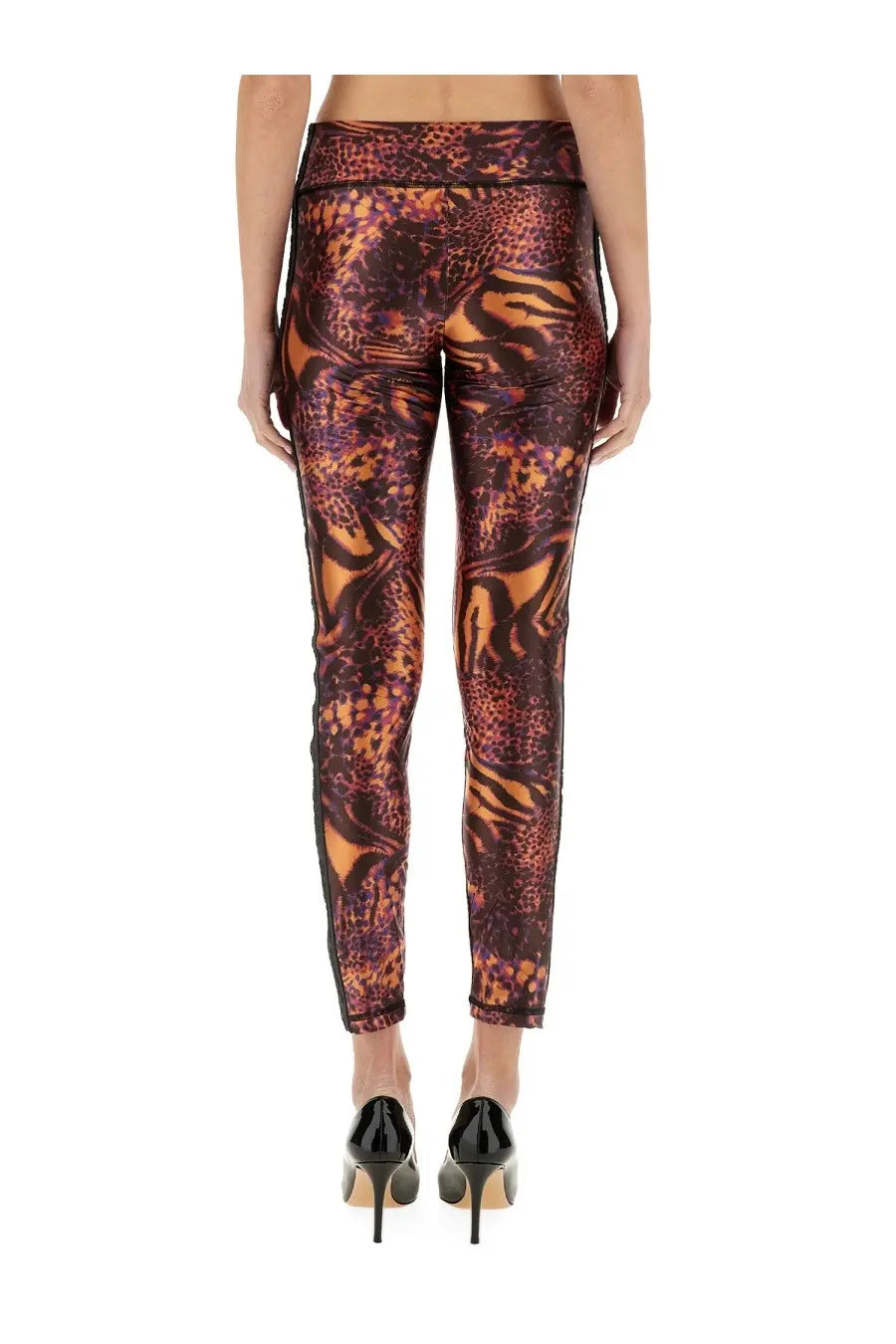Versace Jeans Couture womens high waisted leggings with bold orange and dark brown swirling animal print pattern