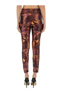 Versace Jeans Couture womens high waisted leggings with bold orange and dark brown swirling animal print pattern