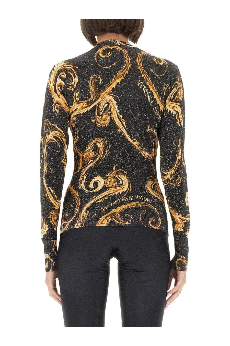 Versace jeans couture women’s lurex knit shirt in black and gold baroque pattern with shimmering texture