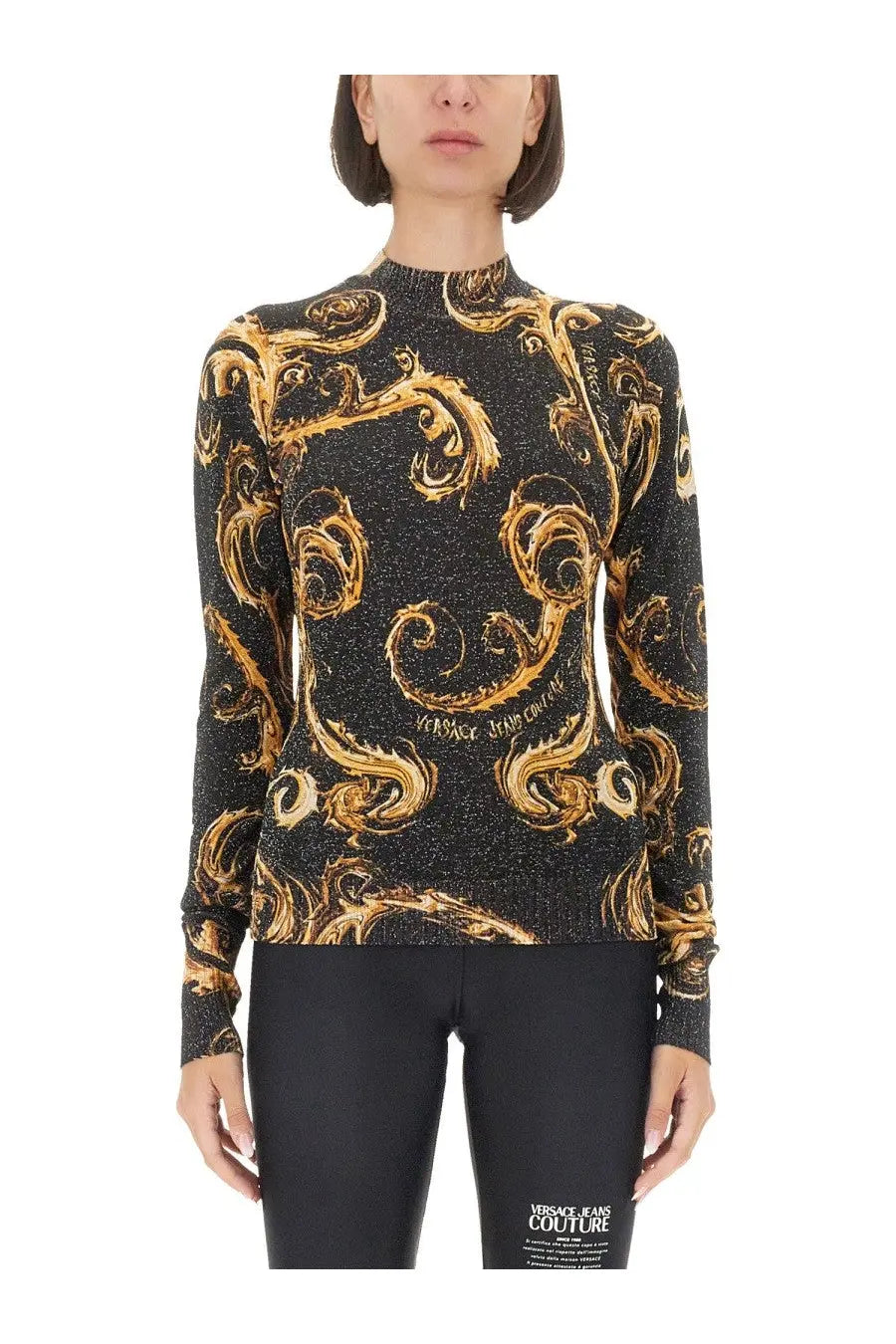 Versace Jeans Couture women’s black and gold long-sleeved lurex knit shirt with ornate baroque pattern