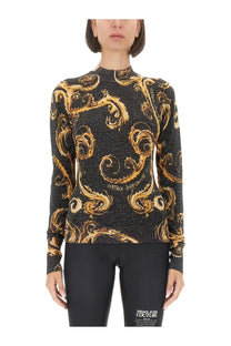 Versace Jeans Couture women’s black and gold long-sleeved lurex knit shirt with ornate baroque pattern