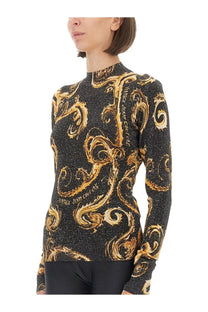 Versace jeans couture women’s black and gold lurex knit long-sleeve top with high neck and glittery texture