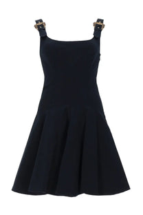 Versace Jeans Couture women’s black mini dress with gold-tone hardware on shoulder straps baroque style