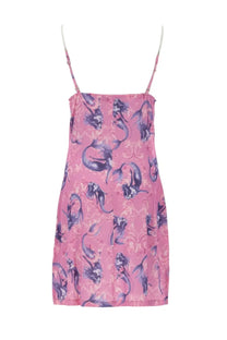 Pink mermaid-patterned satin spaghetti strap mini dress in blue by versace jeans couture