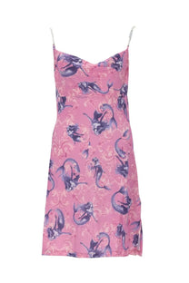 Versace Jeans Couture women’s mini abito in raso pink satin slip dress with dark purple mermaid and sea creature pattern