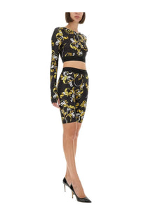Versace jeans couture women’s black cycling shorts with gold baroque outline pattern in stretch fabric