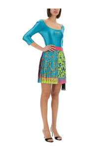 Versace Jeans Couture women’s mini pleated skirt in turquoise and neon green with graphic print and pink waistband