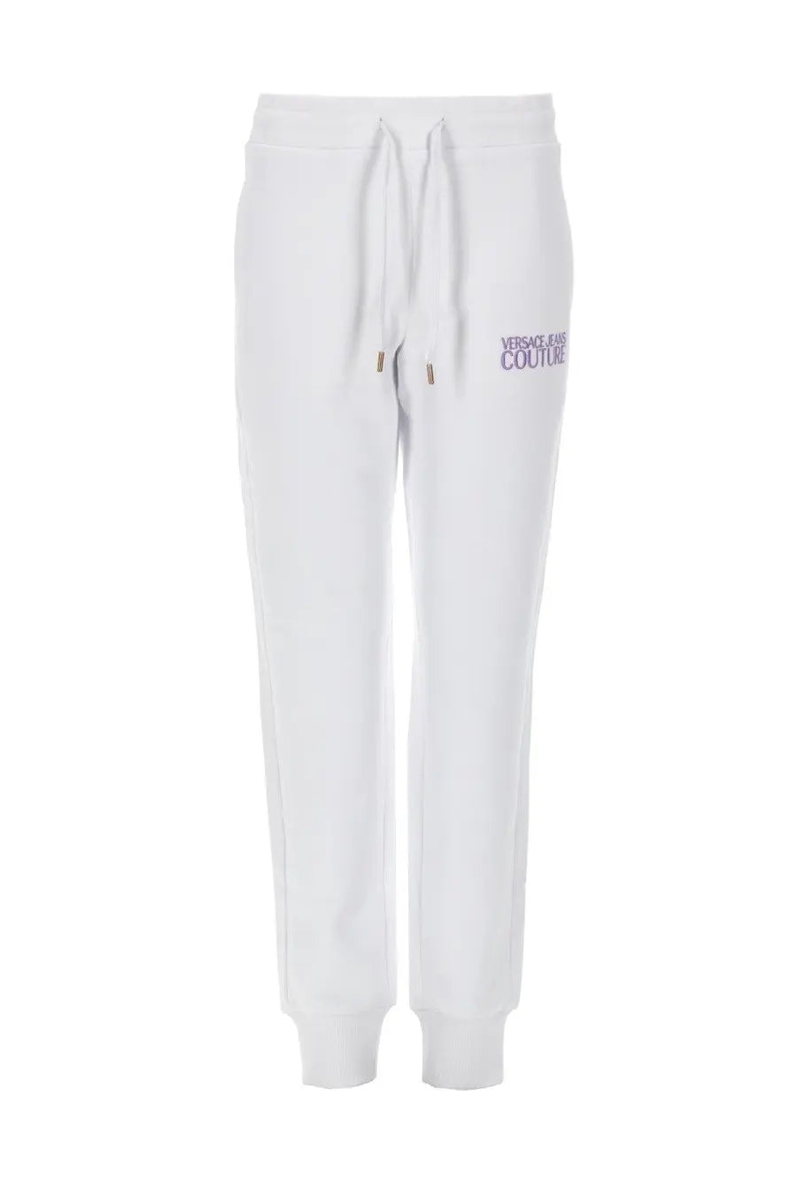 Versace jeans couture women’s white pantalone jogging con joggers with subtle purple logo and matching drawstring waistband