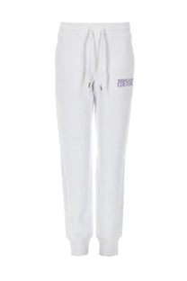Versace jeans couture women’s white pantalone jogging con joggers with subtle purple logo and matching drawstring waistband
