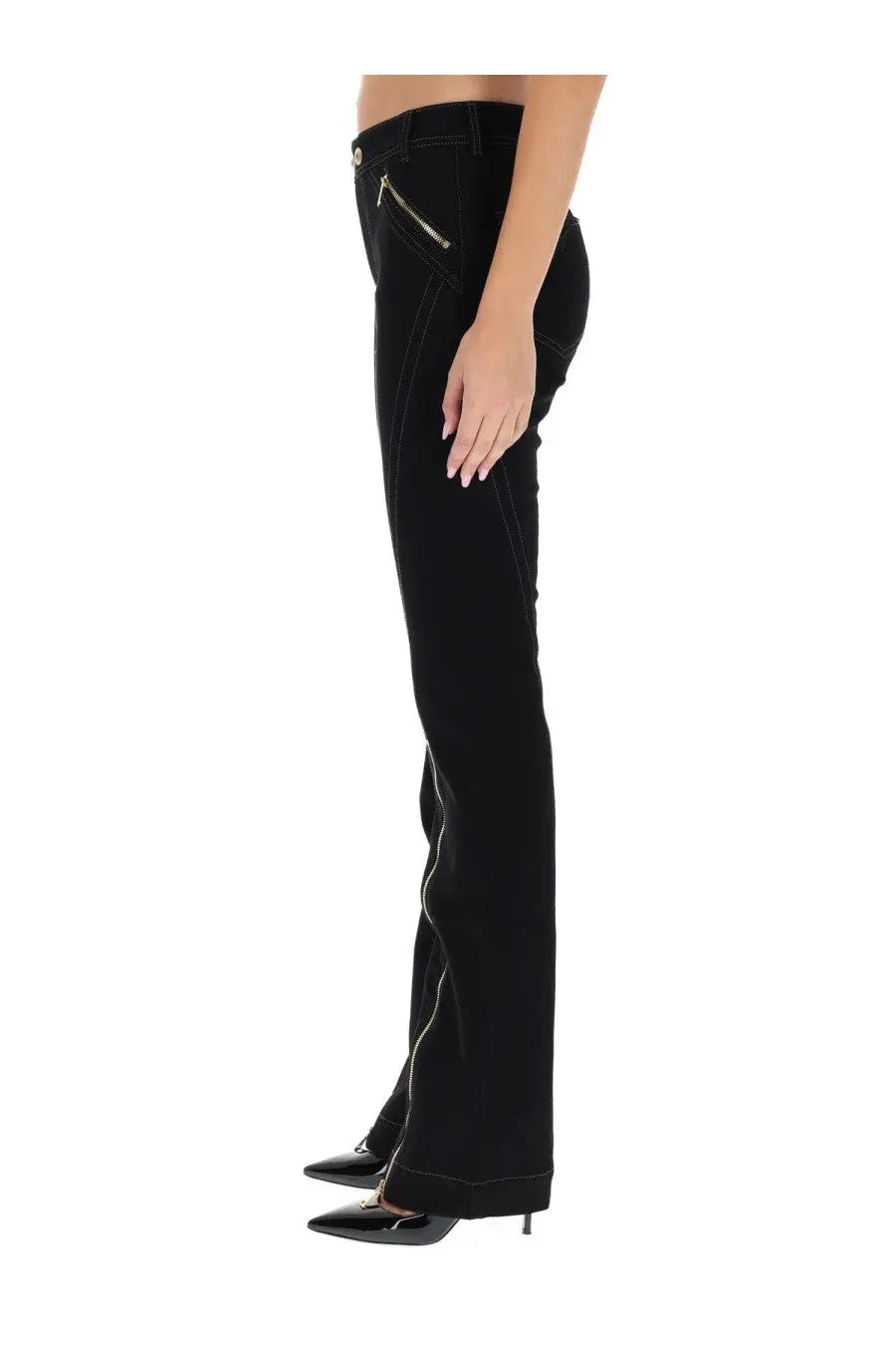 Versace jeans couture women’s black denim flare pants with zipper detail on the side seam