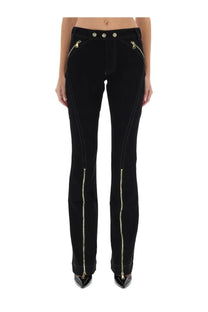 Versace Jeans Couture women’s black velvet high-waisted flare jeans with gold zippers down sides and front