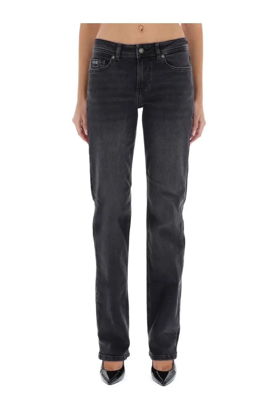 Versace jeans couture women’s black denim Mandy pants with straight-leg cut and subtle fading details