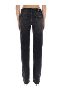 Versace Jeans Couture women’s black denim pants with straight-leg cut and frayed hems in a front view