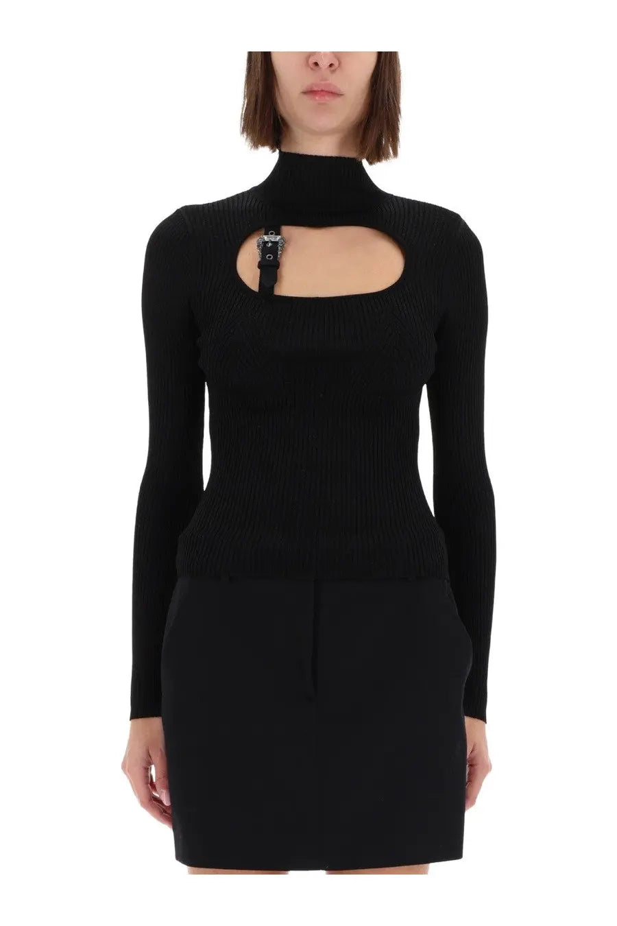 Versace Jeans Couture women’s black ribbed knit long-sleeved top with high neckline and metallic clasp cutout detail