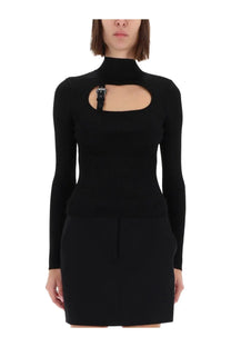 Versace Jeans Couture women’s black ribbed knit long-sleeved top with high neckline and metallic clasp cutout detail