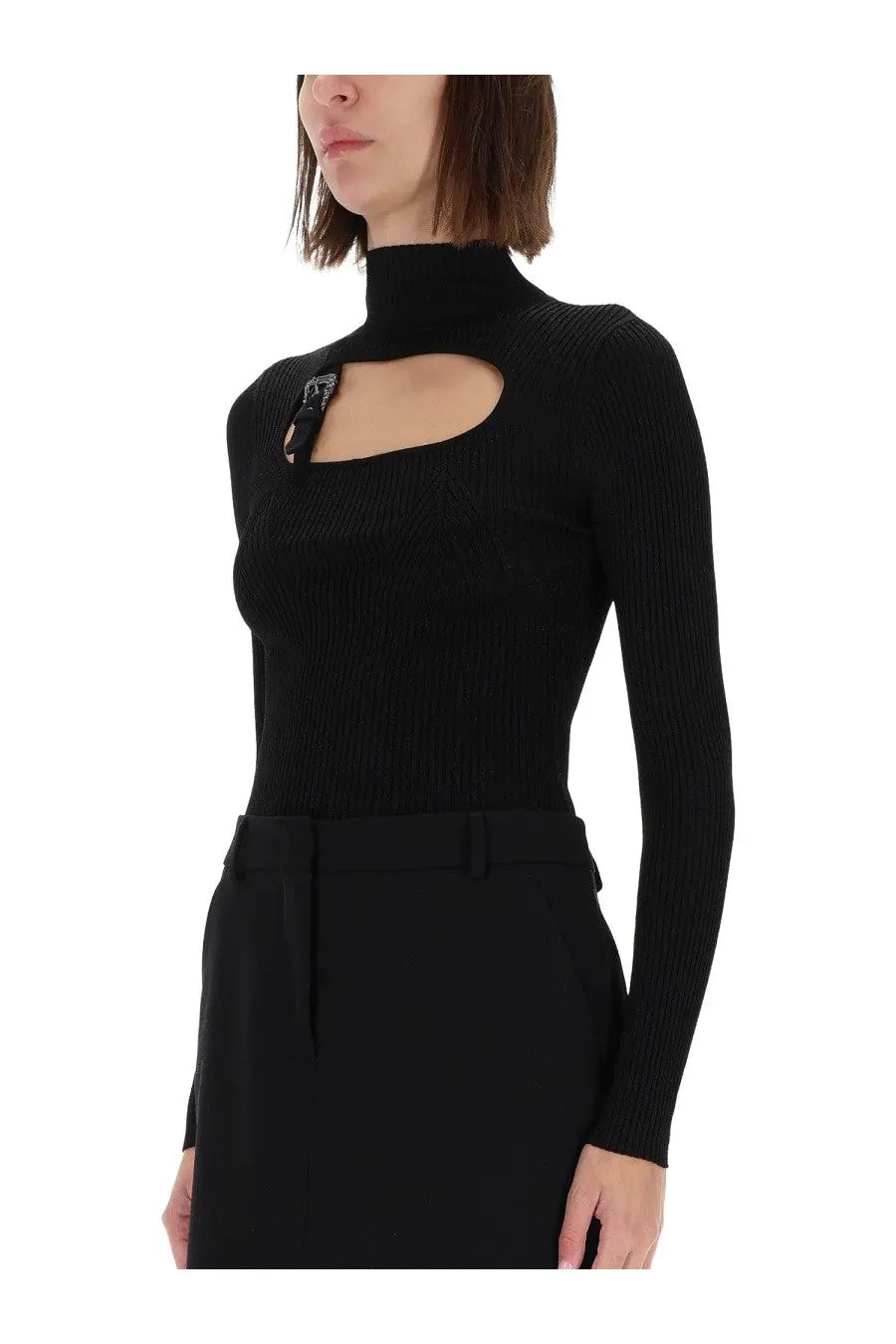 Versace Jeans Couture women’s black ribbed knit turtleneck top with cutout neckline and metallic logo clasp