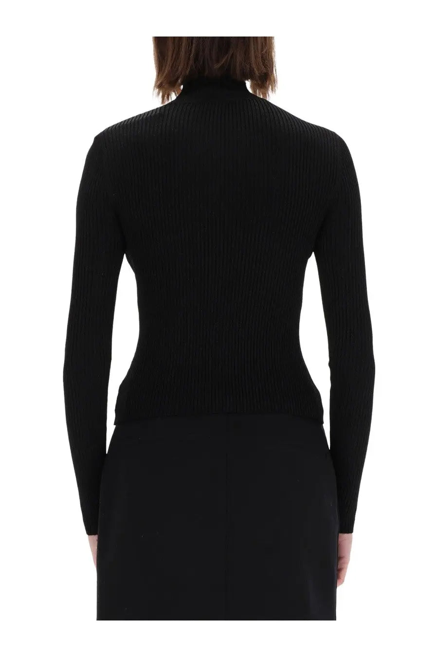 Versace Jeans Couture women’s black ribbed knit turtleneck sweater made from soft fabric for stylish layering
