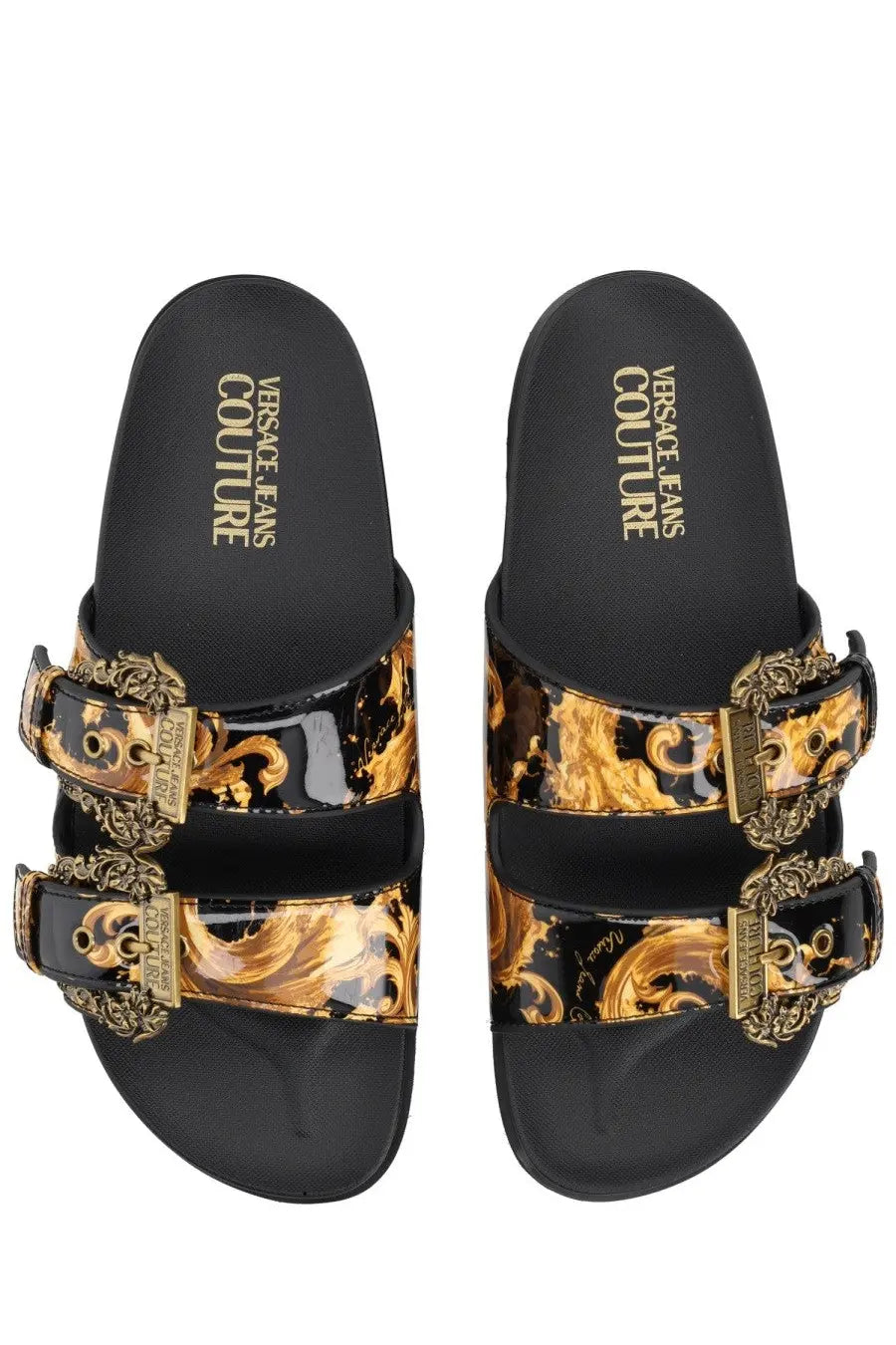 Versace jeans couture women’s sandal arizona black with black and gold slide straps featuring ornate baroque patterns