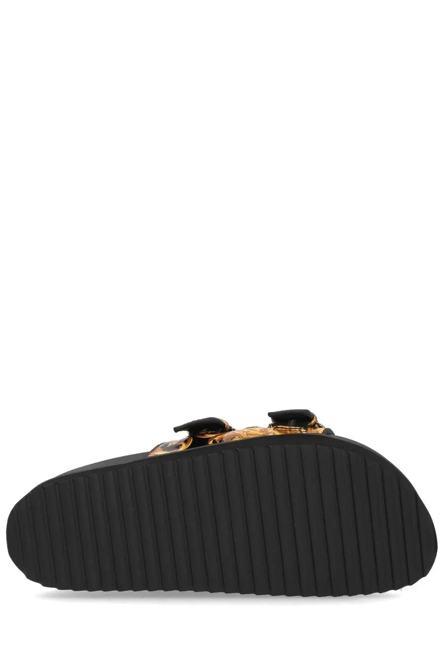 Versace jeans couture women’s black and gold patterned slide sandal with textured rubber sole