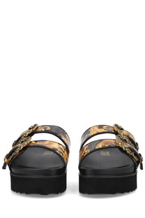 Versace Jeans Couture women’s black platform sandals with gold baroque-patterned straps and ornate metallic buckles