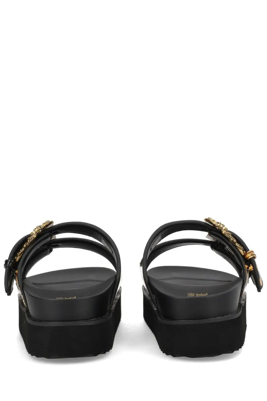 Versace Jeans Couture women’s black platform sandals with gold-tone chain detailing on leather straps