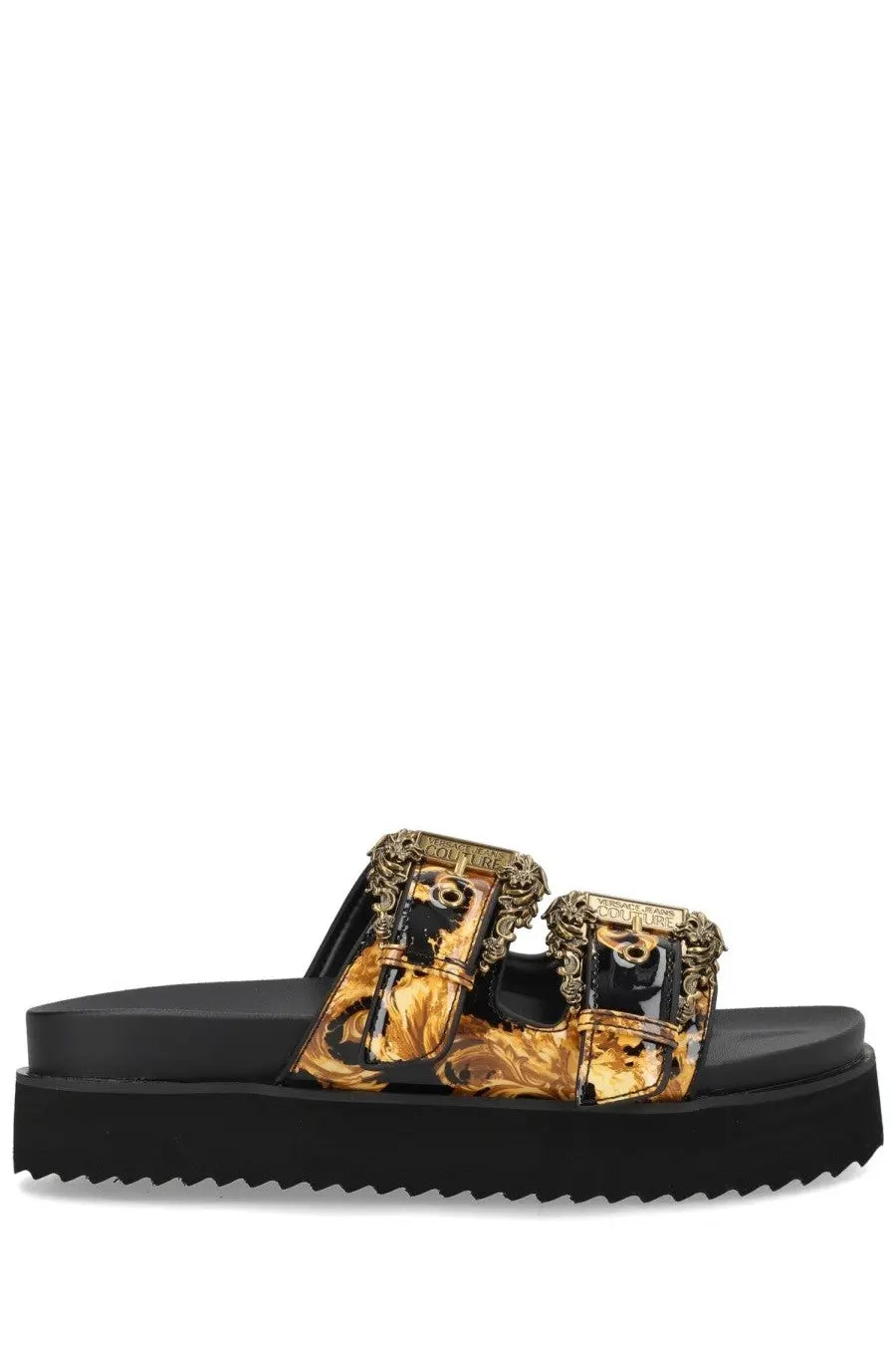 Versace Jeans Couture women’s black platform slide sandal with gold and black baroque patterned straps and metal buckles