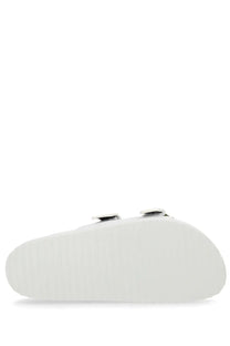 Versace jeans couture women’s sandal arizona white white leather clog with silver buckle straps