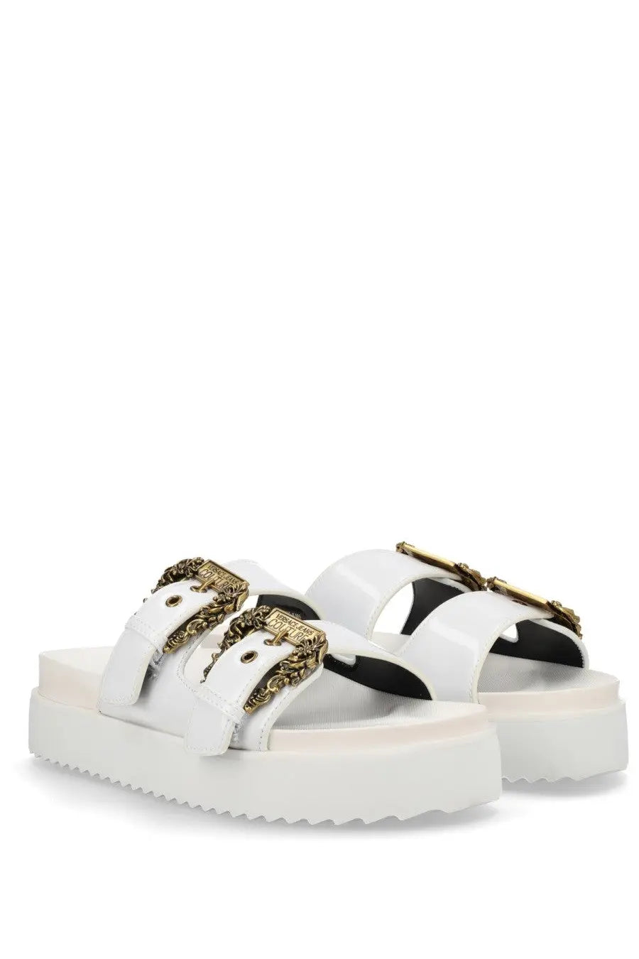 Versace jeans couture women’s Arizona white platform sandals with gold-tone ornate buckles and black inner lining
