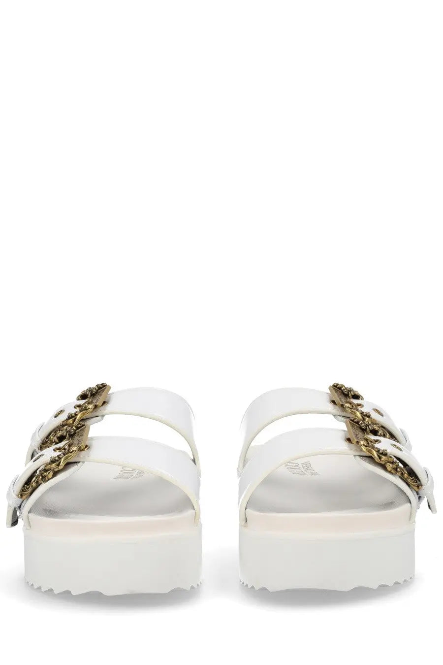 Versace Jeans Couture white platform sandals with gold-toned chain straps for women in the Arizona style