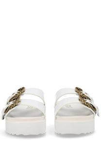 Versace Jeans Couture white platform sandals with gold-toned chain straps for women in the Arizona style