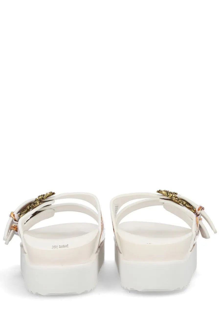 Versace jeans couture women’s white platform sandals with gold-toned decorative buckles and a glossy finish