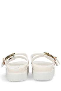 Versace jeans couture women’s white platform sandals with gold-toned decorative buckles and a glossy finish