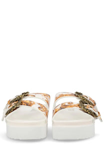 Versace Jeans Couture women’s white platform sandals with gold and brown baroque pattern and metallic buckles