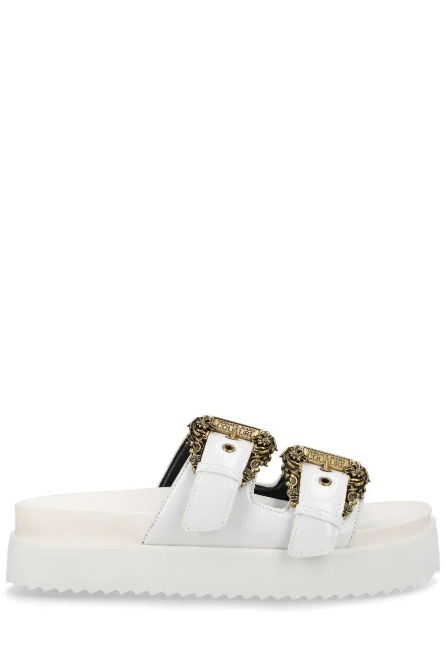 White platform slide sandal with ornate gold-tone buckles and black inner lining by versace jeans couture women