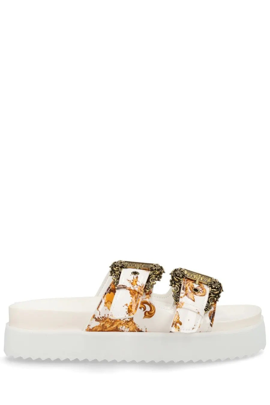 Versace Jeans Couture women’s white platform slide sandal with gold baroque patterned straps and ornate metallic buckles