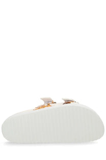Versace Jeans Couture women’s white platform slip-on sandal with gold and brown patterned upper accents