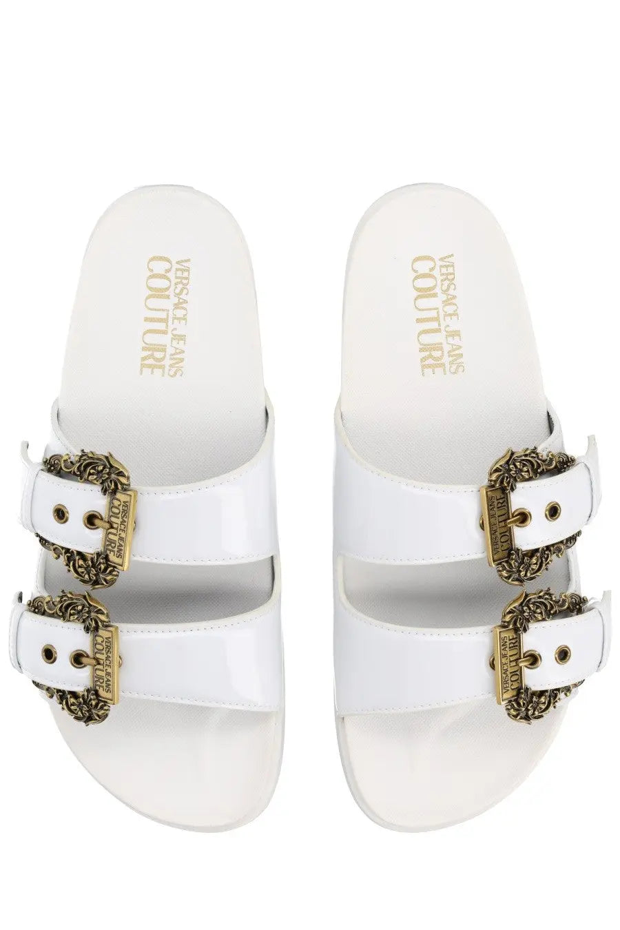 Versace Jeans Couture women’s sandal Arizona white slide with gold-toned ornate buckle details