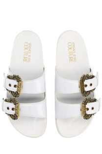 Versace Jeans Couture women’s sandal Arizona white slide with gold-toned ornate buckle details