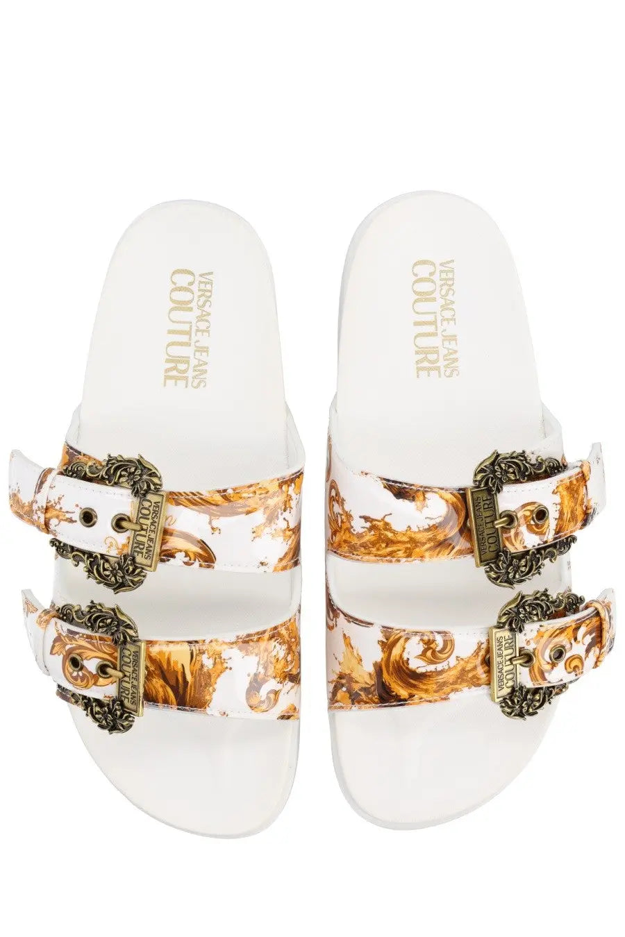 Versace jeans couture women’s sandal Arizona white slide with gold ornate buckle and translucent baroque patterned strap
