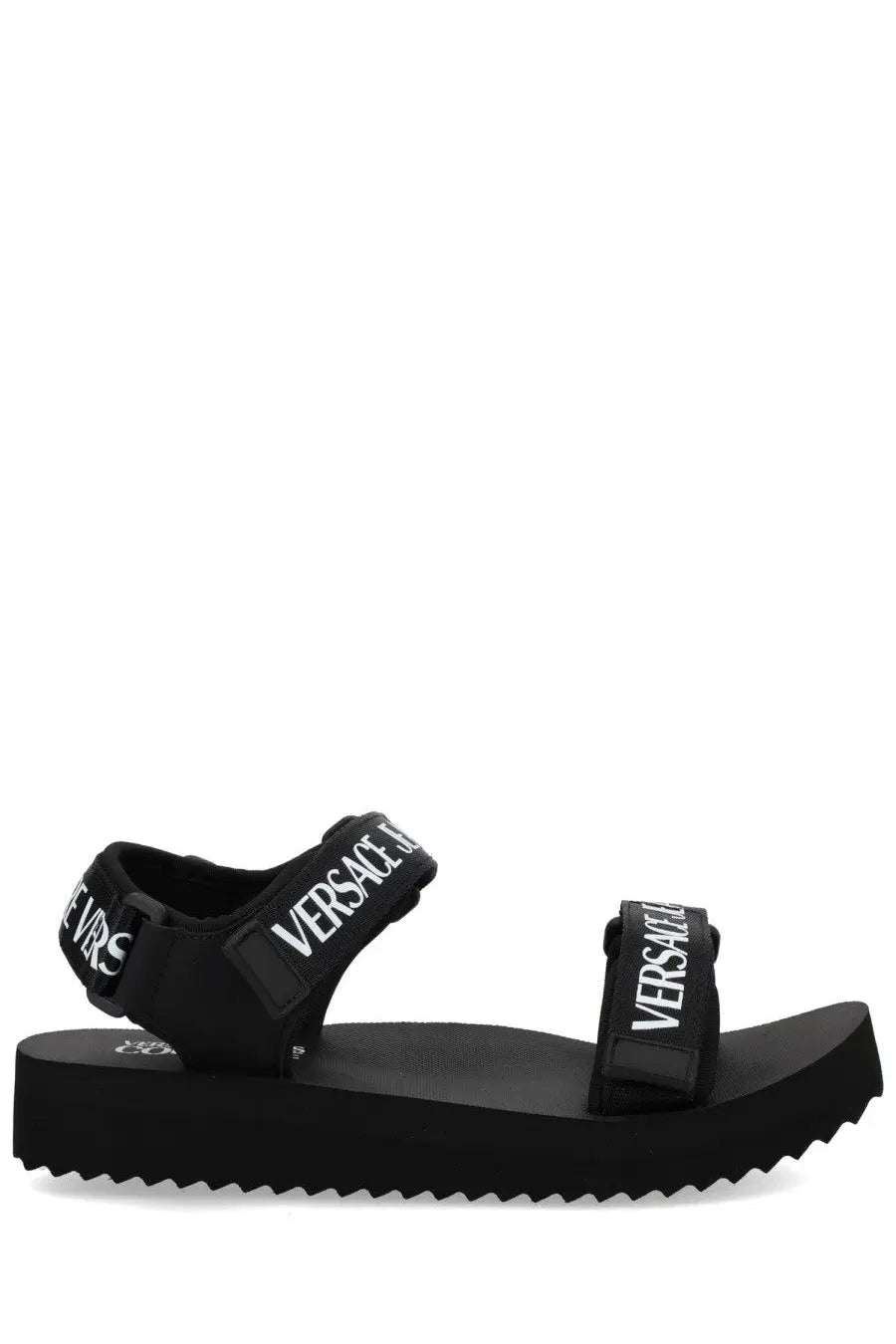 Versace Jeans Couture women’s black sandal with bold white logo straps and chunky platform sole
