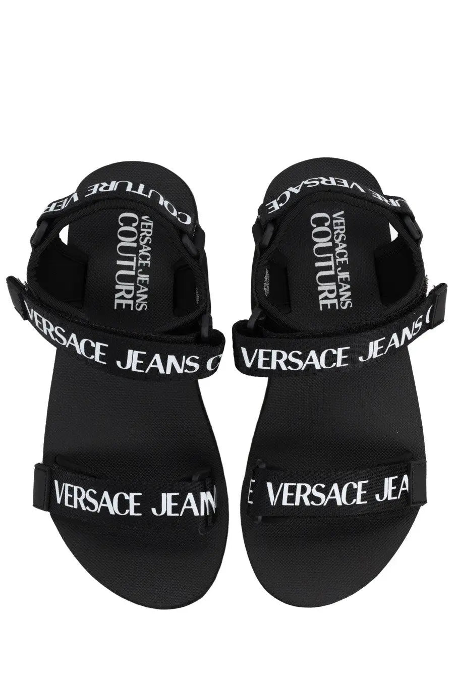 Versace Jeans Couture women’s black sandal Miami featuring white logo straps and a cushioned sole for comfort