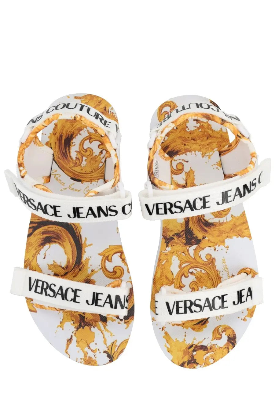 Versace Jeans Couture women’s white and gold sandals with baroque pattern and black branding straps